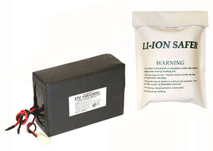 High Power Li-Ion Battery: 37V 10Ah ( 370 Wh) 30A Drain Rate + Fire Retardant Bag (30.0)
